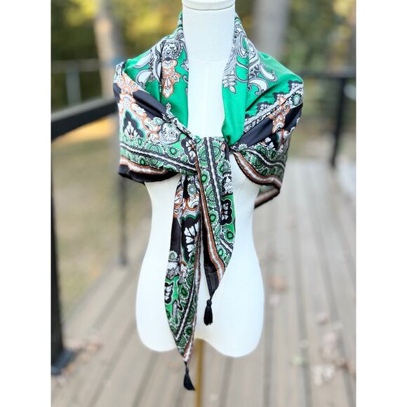 Chico's Women's Paisley Print Tunic Silk Blouse Emerald Green Size M + SCARF - Picture 4 of 14